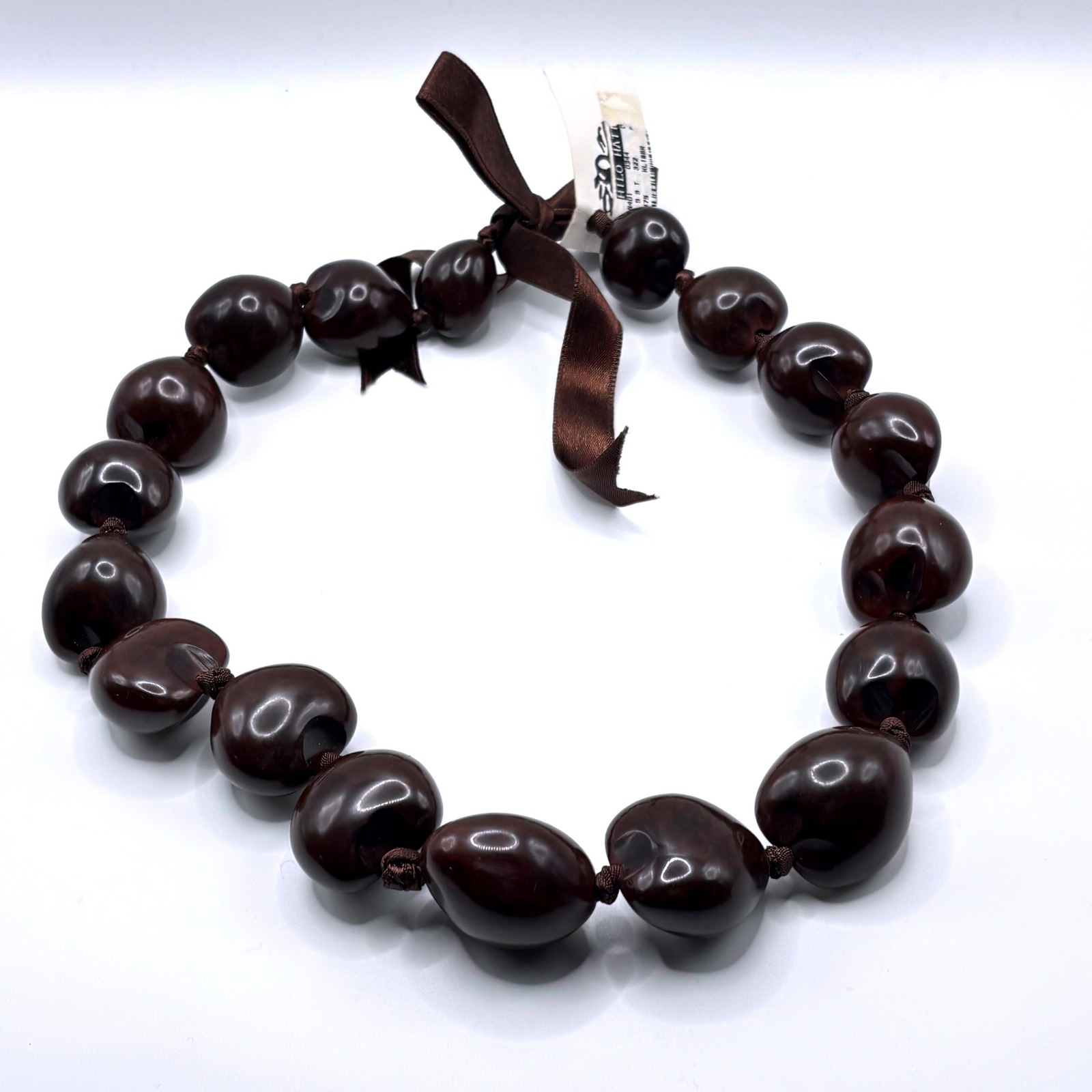 Hilo Hattie Genuine Kukui Nut Lei Necklace Dark Brown Ribbon Tie Hawaii Kl18br